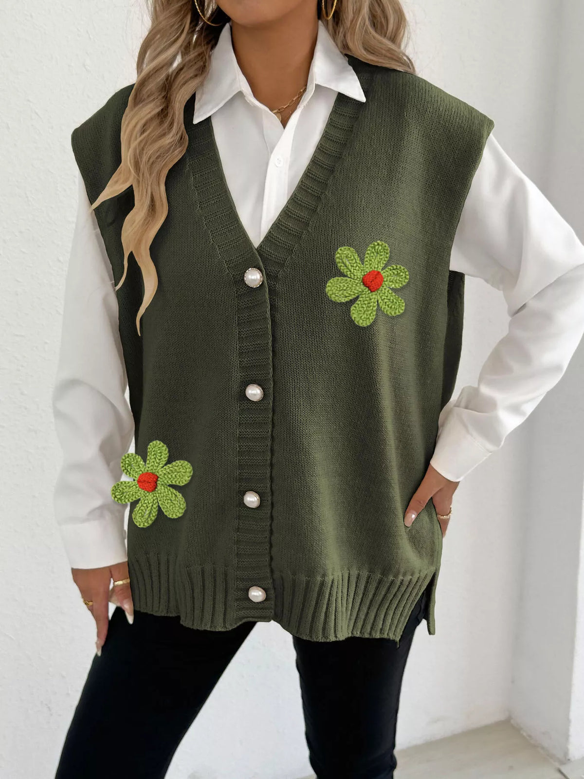 Flower V-Neck Sleeveless Cardigan