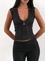 Lace Trim V-Neck Sleeveless Tank Top with Front Tie