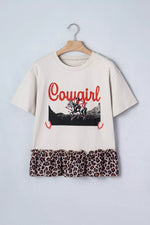 COWGIRL Print Leopard Ruffle Hem Patchwork T Shirt