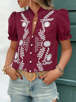 Embroidered Frill Notched Short Sleeve Blouse - Ladyez