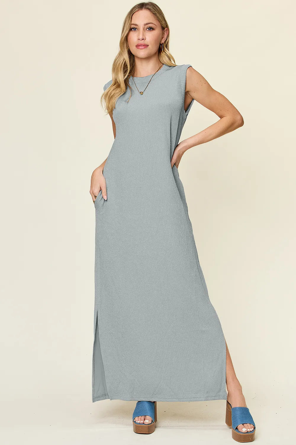 Double Take Full Size Texture Mock Neck Sleeveless Maxi Dress - Ladyez