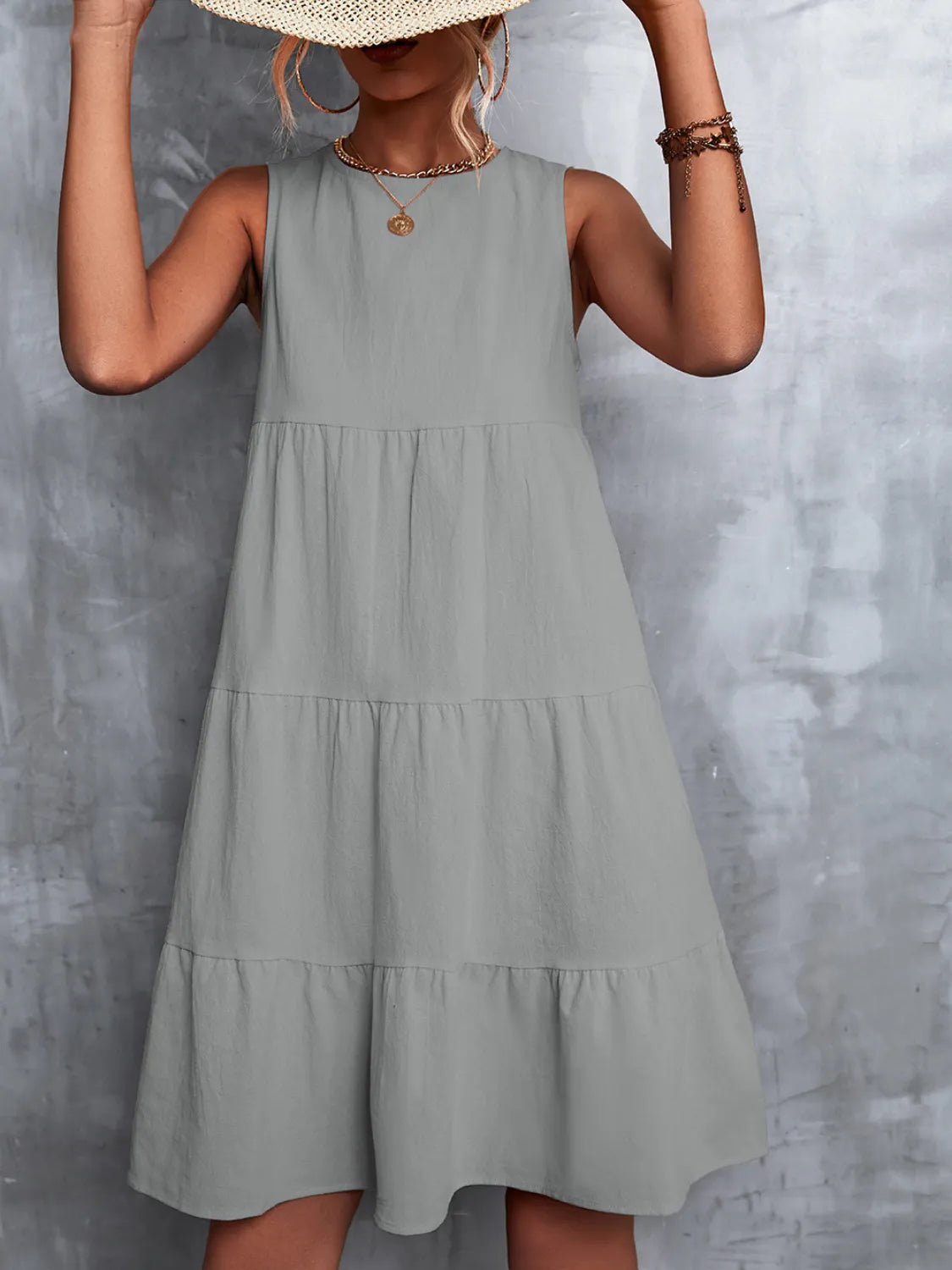 Tiered Round Neck Sleeveless Mini Tank Dress - Ladyez