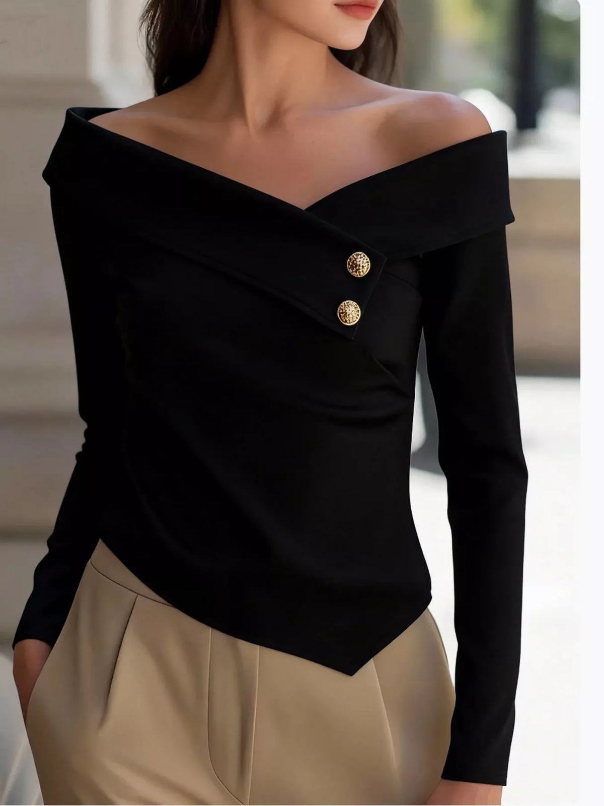 Off-Shoulder Button Decor Blouse