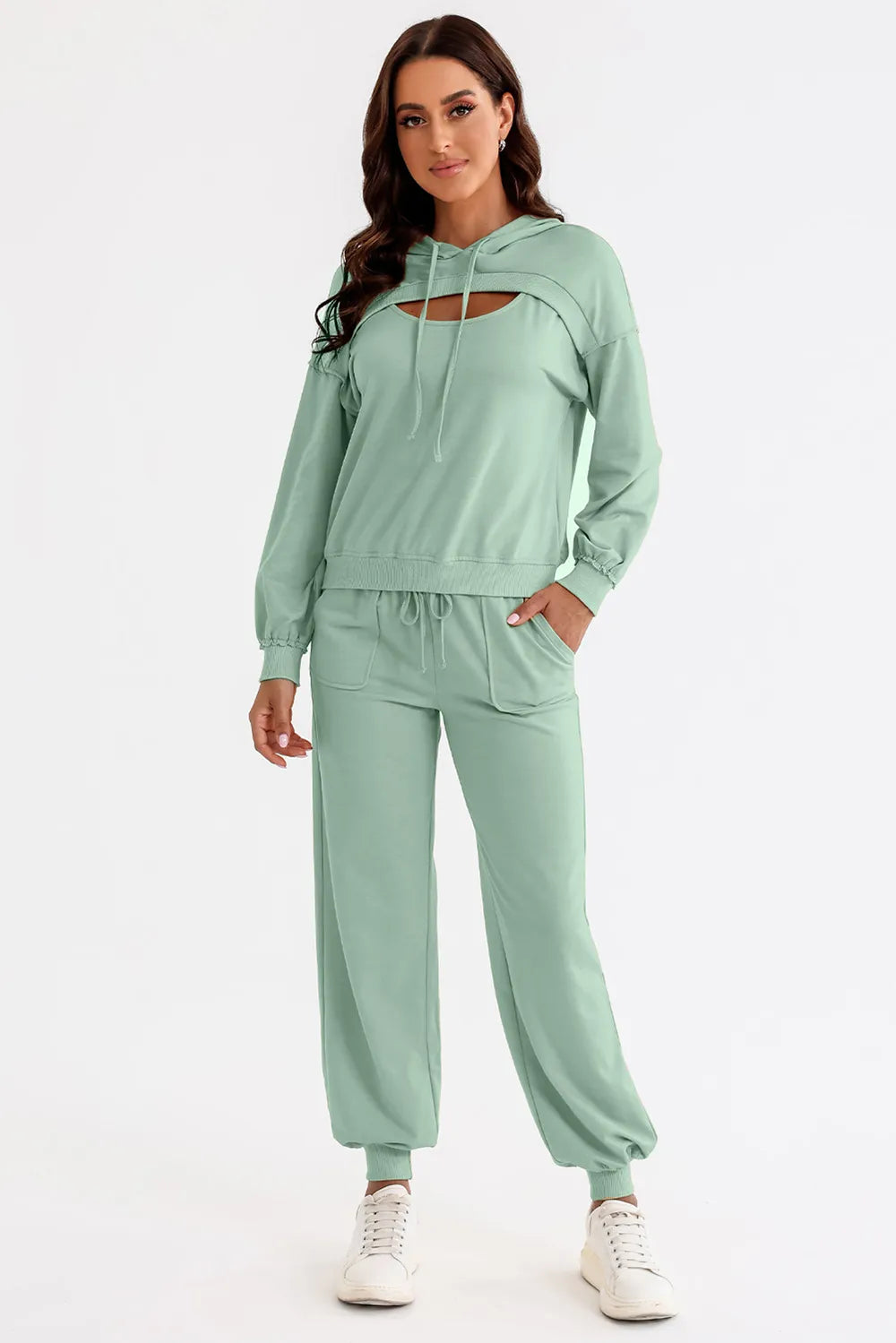 Cutout Drawstring Hoodie and Joggers Active Set - Ladyez