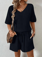 V-Neck Half Sleeve Top and Shorts Set - Ladyez