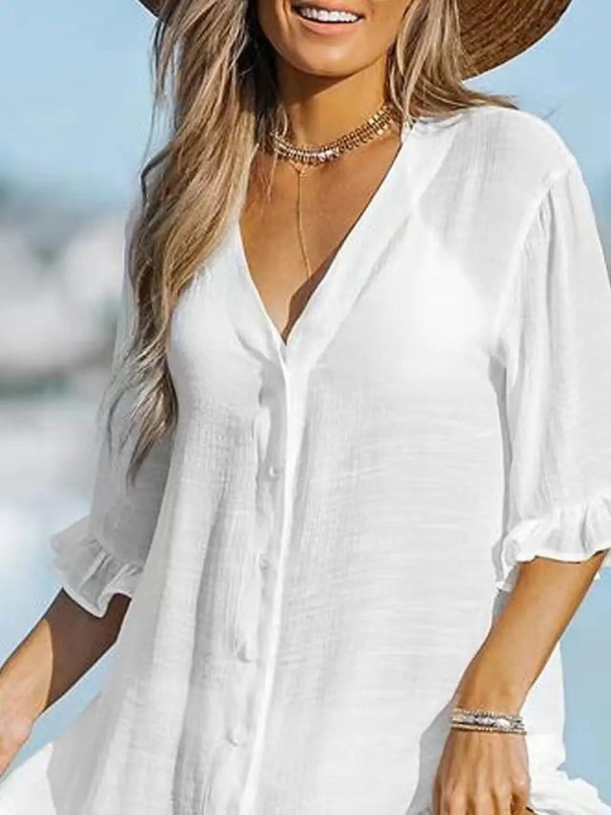 V-Neck Button Down Beach Cover Up Dress - Ladyez