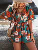 Printed Surplice Half Sleeve Tie Waist Romper - Ladyez