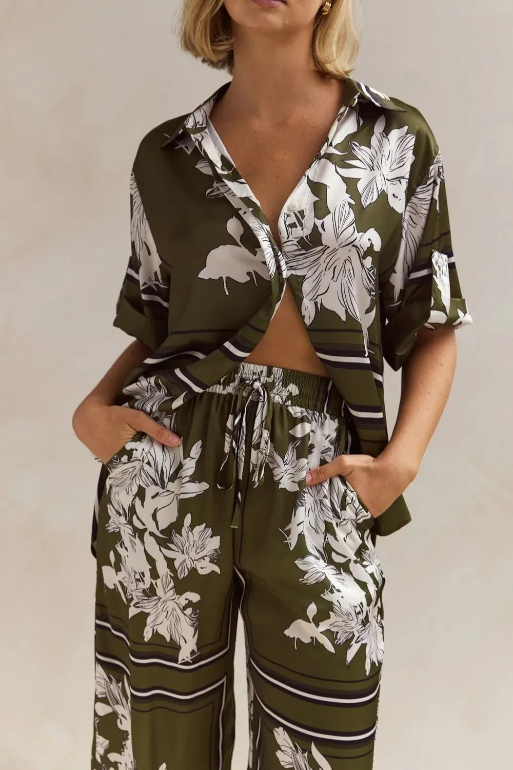 Printed Button Up Shirt and Pants Set