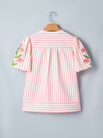 Stripe Print Floral Embroidered Puff Sleeve V Neck Blouse