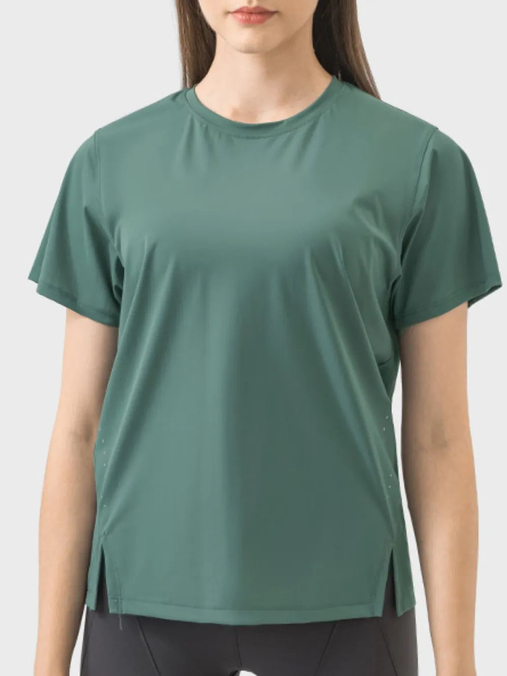 Millennia Slit Round Neck Short Sleeve Active T-Shirt - Ladyez