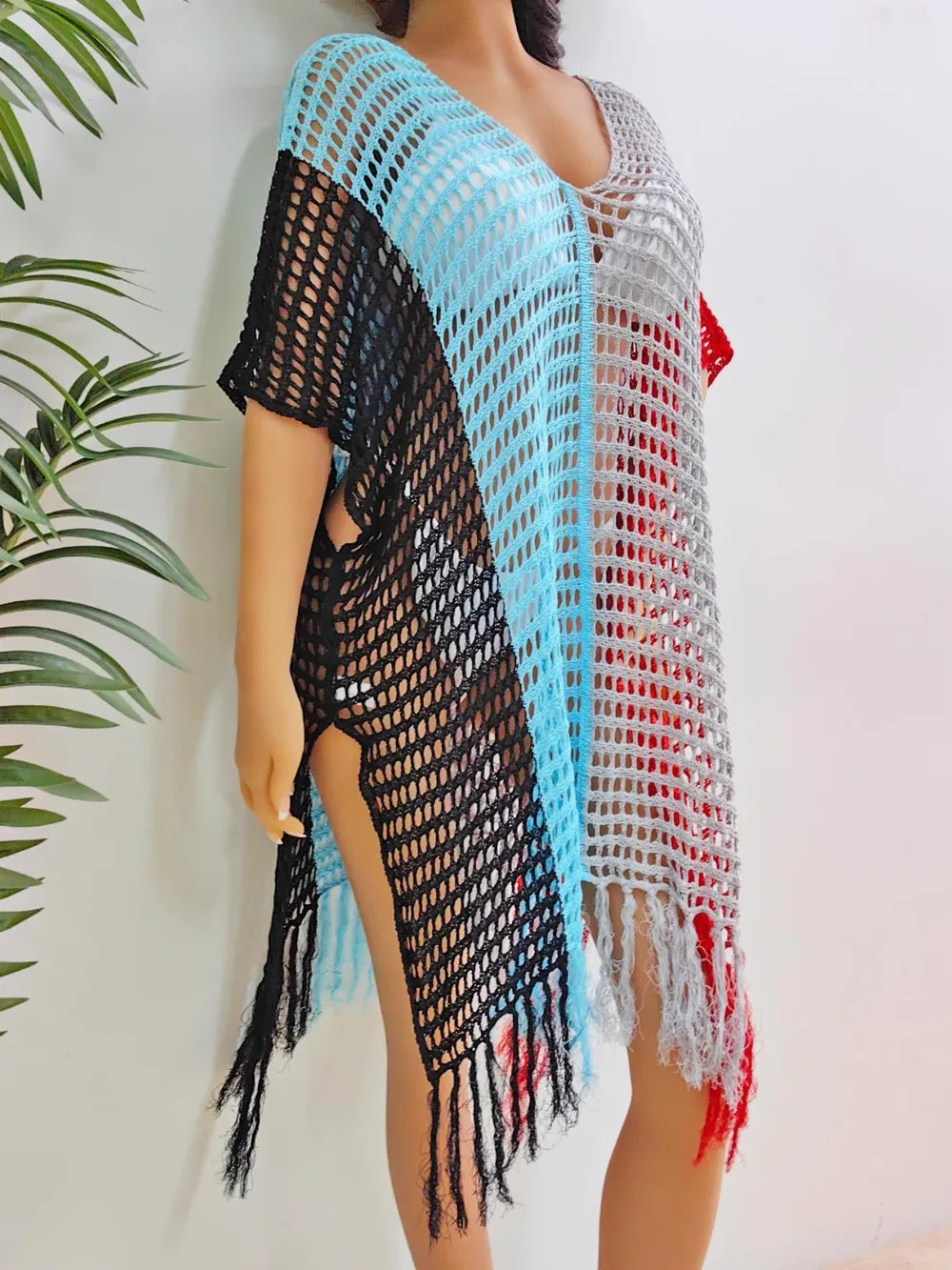 Fringe Color Block Scoop Neck Cover Up - Ladyez