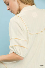 Umgee Textured Short Sleeve Top with Contrast Trim