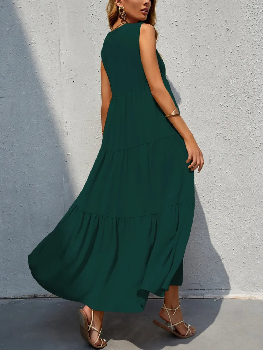FAM-FAM Tiered V-Neck Sleeveless Dress - Ladyez