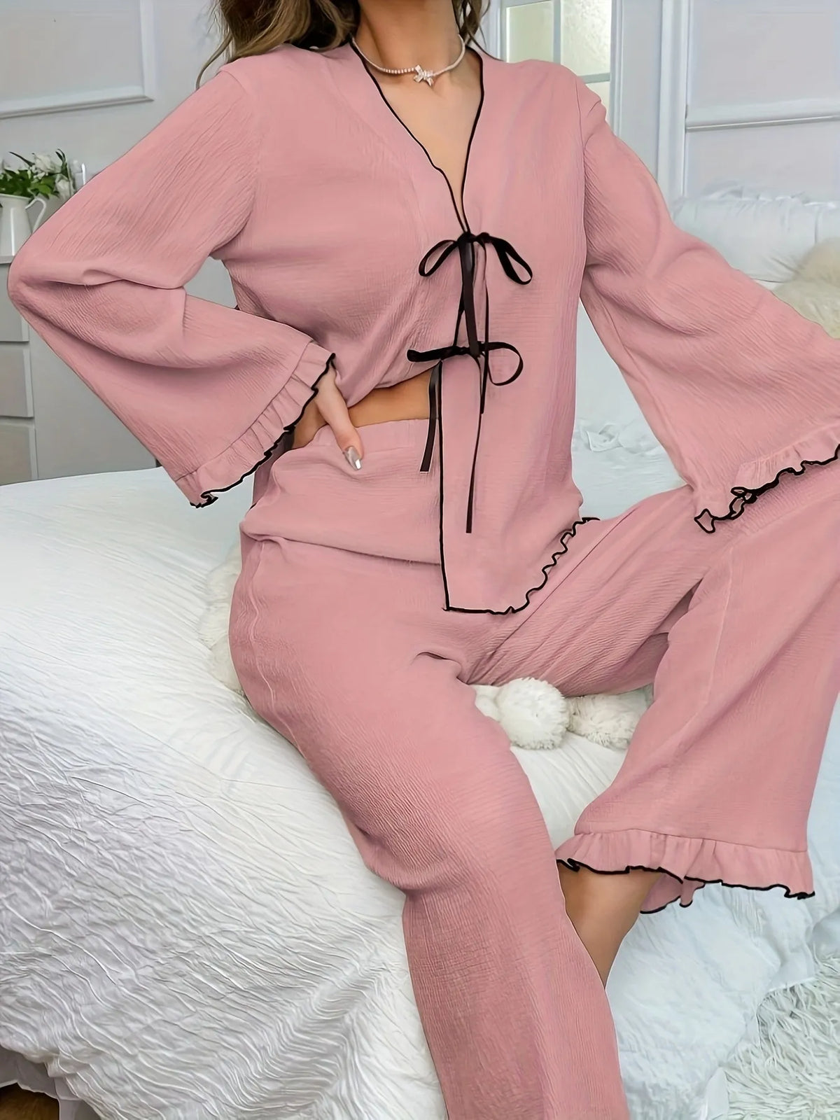 Contrast Trim Bow Tie Shirt and Pants Lounge Set - Ladyez