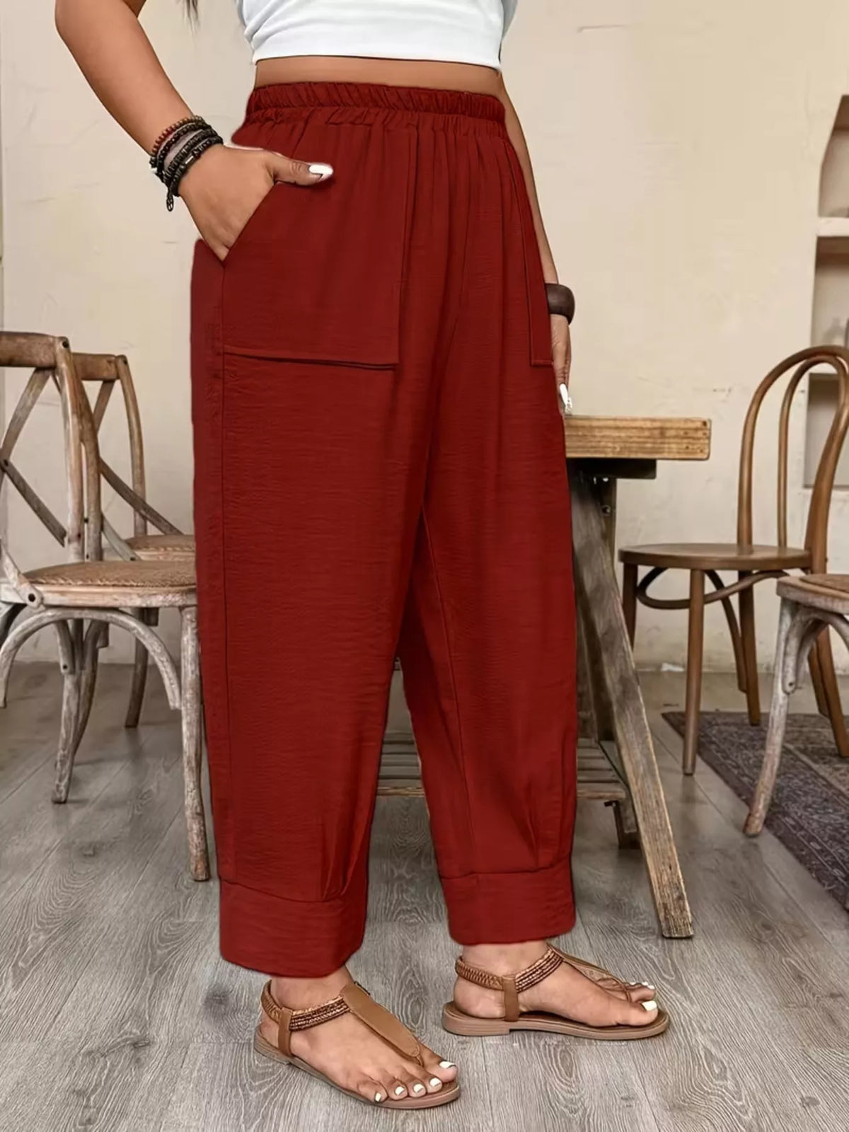 Plus Size High-Waisted Elastic Waist Pants with Pockets