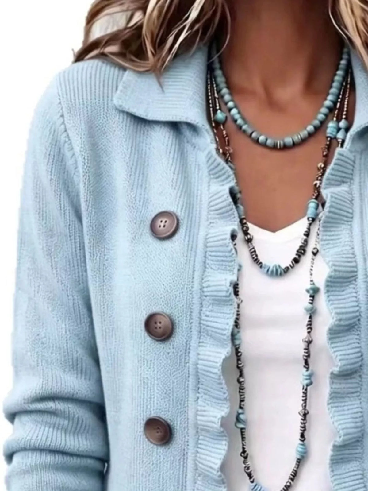 Full Size Ruffled Trim Decorative Button Cardigan Plus Size