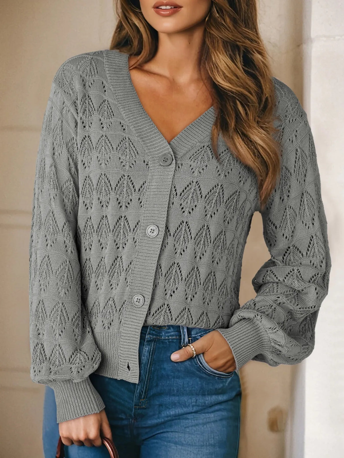 Buttoned Front Openwork Cardigan