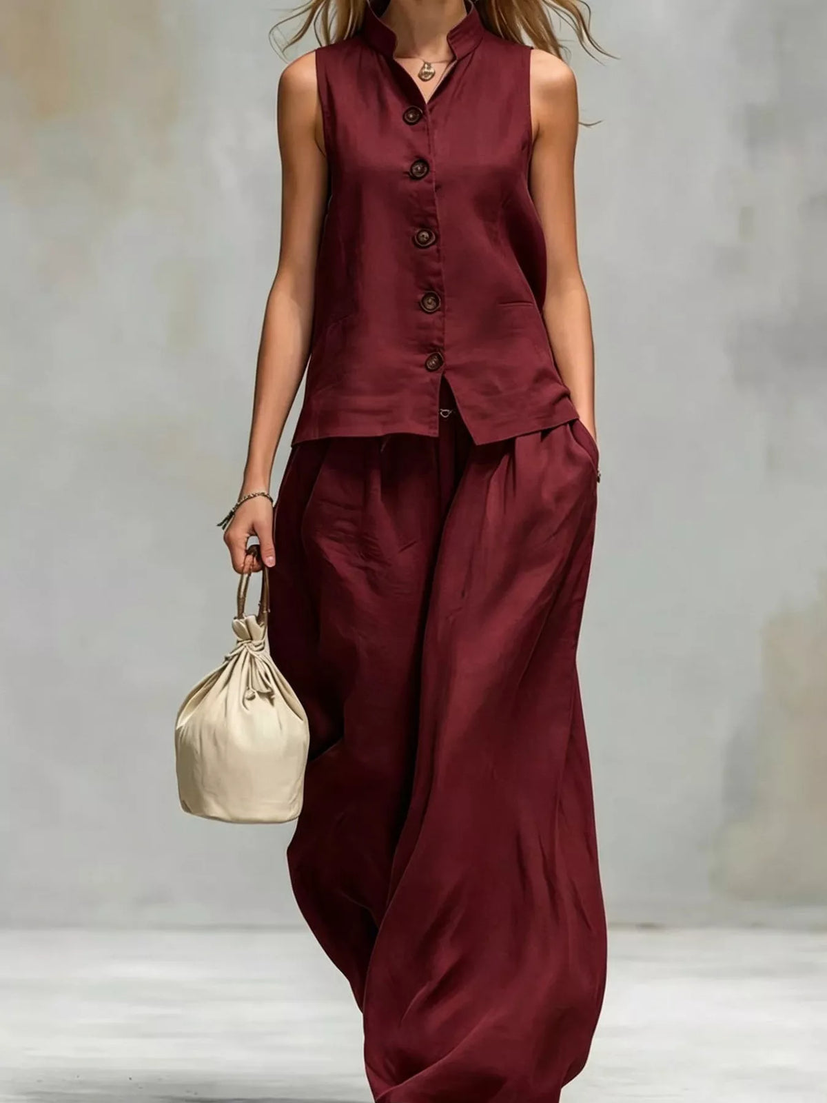 Sleeveless Button-Down Top and Wide-Leg Pant Set