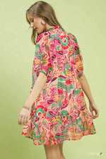 Umgee Abstract Print V-Neck Baby Doll Dress