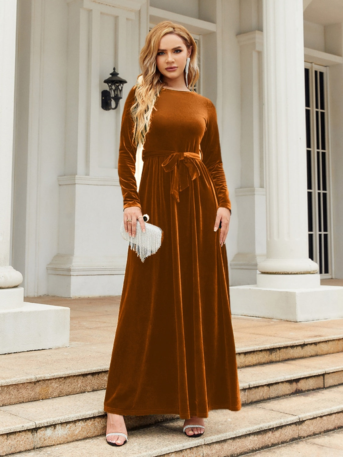 Tie Front Round Neck Long Sleeve Maxi Dress - Ladyez