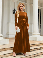 Tie Front Round Neck Long Sleeve Maxi Dress - Ladyez