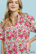 Umgee Floral Puff Sleeve Blouse with Scalloped Details