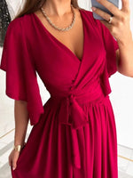 Flutter Sleeve Surplice Tie Waist Dress - Ladyez