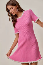 SO ME Contrast Ruffled Sweater Knit Mini Dress