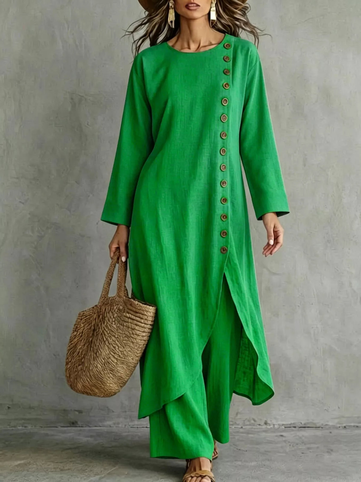 Full Size Side-Buttoned Longline Top and Pants Set Plus Size