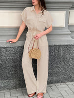 Chest Pocket Short Sleeve Wide Leg Jumpsuit