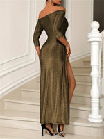 Slit Off-Shoulder Long Sleeve Midi Dress - Ladyez