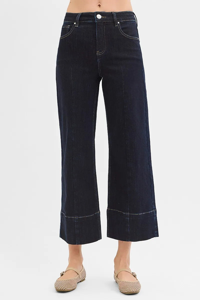 RISEN Tummy Control High Rise Crop Wide Seam Detailed Jeans - Ladyez