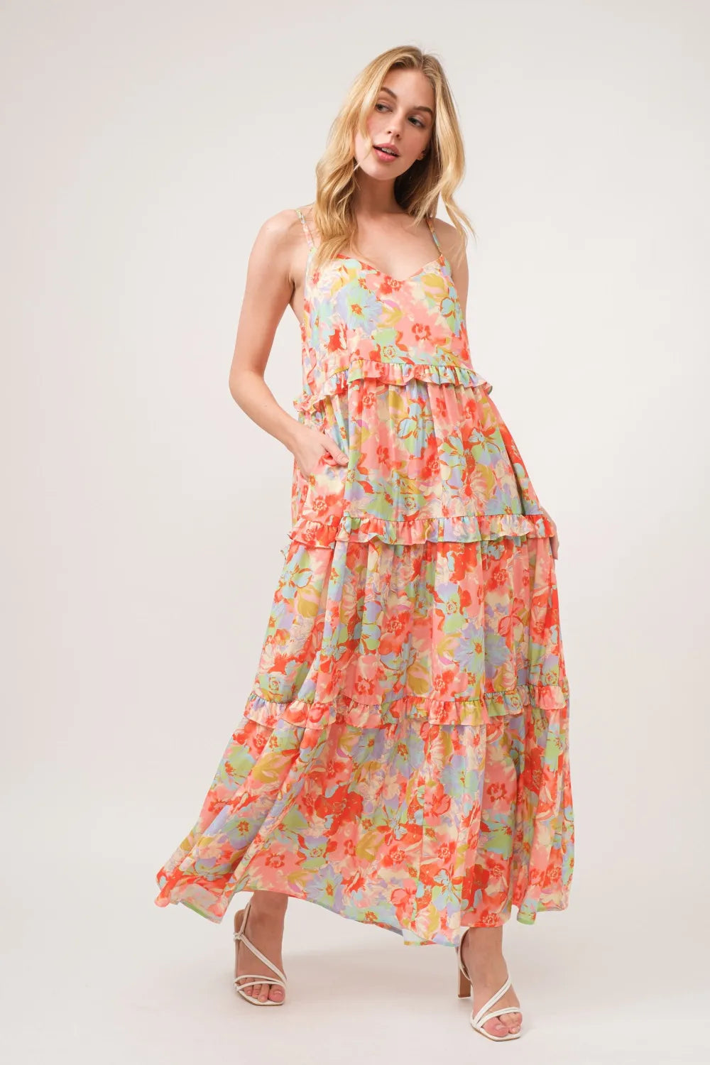 And The Why Floral Ruffled Tiered Maxi Adjustable Strap Cami Dress - Ladyez