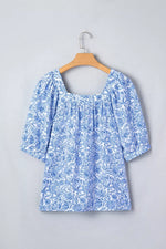 Square Neck Short Puff Sleeve Pleated Floral Blouse