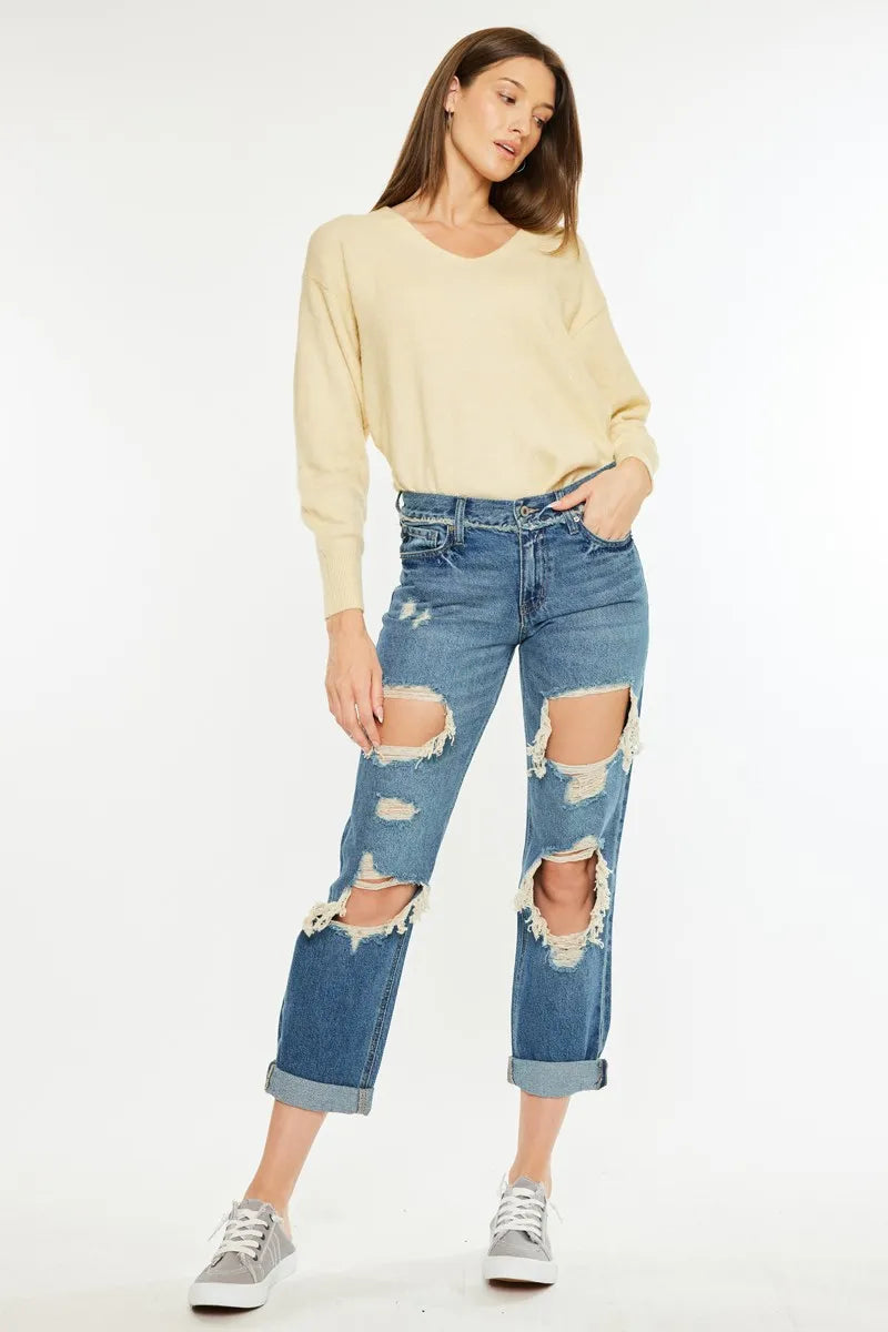 Kancan Distressed Mid Rise True Boyfriend Jeans - Ladyez