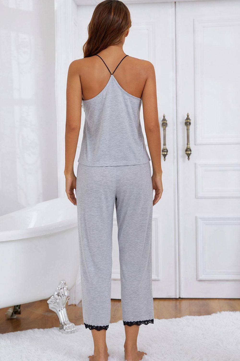 Halter Neck Cami and Lace Trim Pajama Set - Ladyez