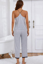 Halter Neck Cami and Lace Trim Pajama Set - Ladyez
