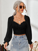 Mesh Sweetheart Neck Flounce Sleeve Top - Ladyez