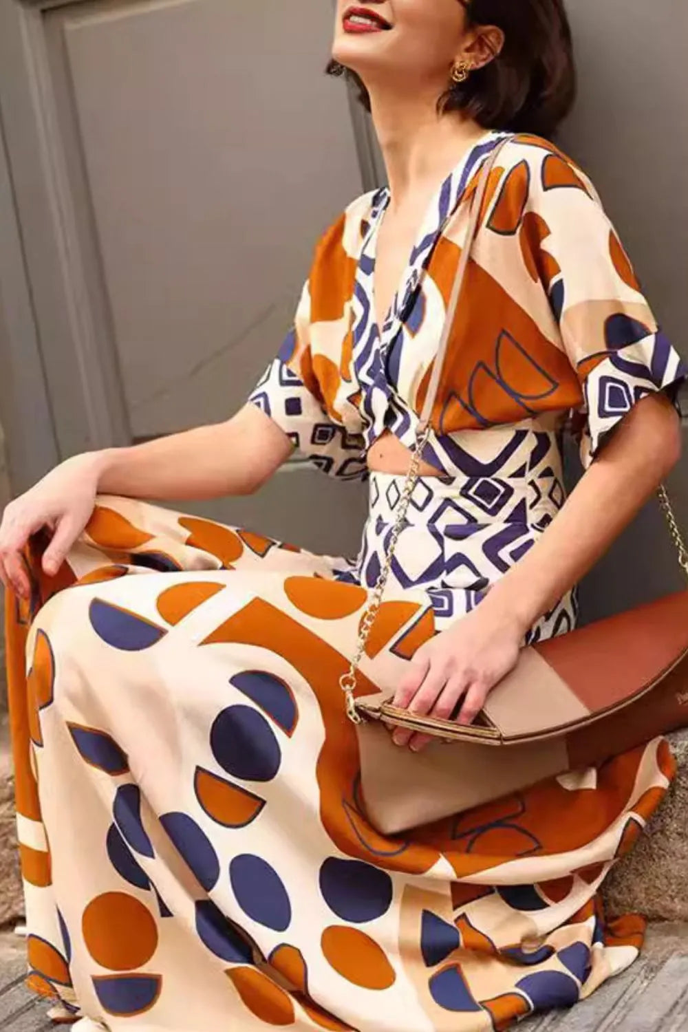 Geometric Print V-Neck Maxi Dress with Cutout Detail - Ladyez
