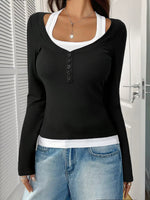 Contrast Long Sleeve Fake Two-Piece T-Shirt