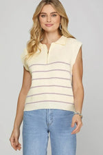 She + Sky Ribbed Hem Striped Half Zip Sweater Vest