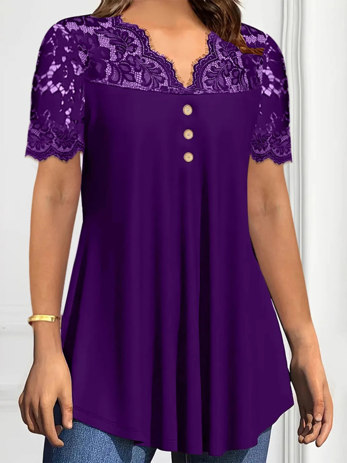 Lace Panel Short Sleeve Blouse - Ladyez