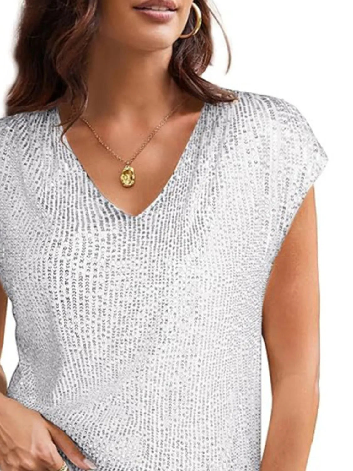 V-Neck Sequin Cap Sleeve Top - Ladyez