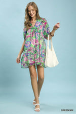Umgee Abstract Print V-Neck Baby Doll Dress