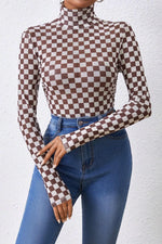Checkered Turtleneck Long Sleeve Bodysuit - Ladyez