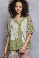POL Button Down V-Neck Jacket with Printed Woven Patchwork