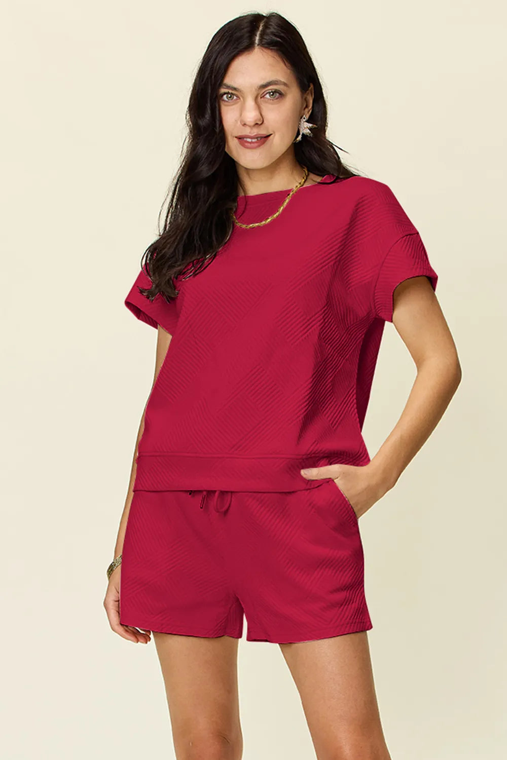 Double Take Full Size Texture Short Sleeve T-Shirt and Drawstring Shorts Set - Ladyez