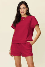 Double Take Full Size Texture Short Sleeve T-Shirt and Drawstring Shorts Set - Ladyez