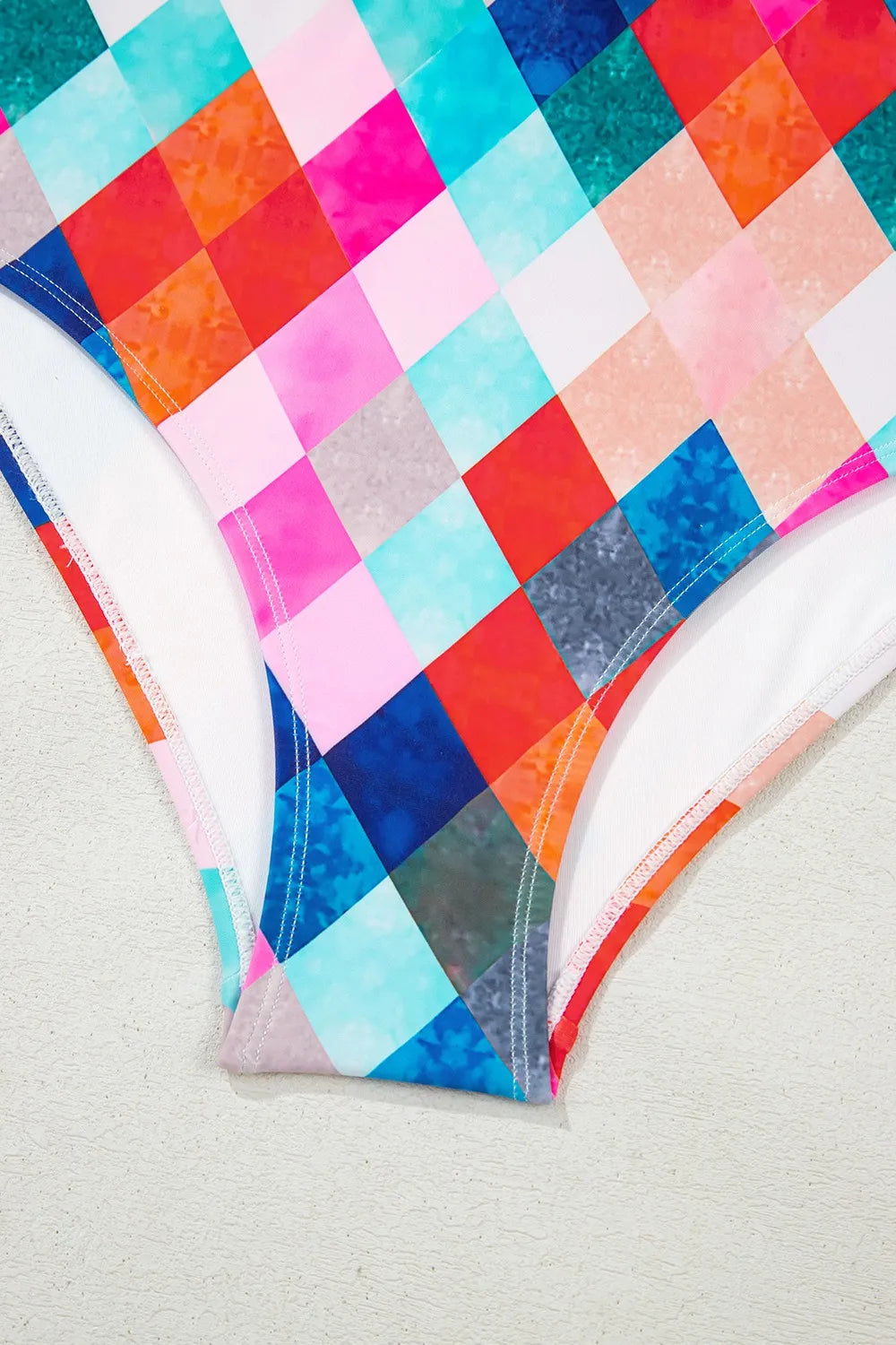 Multicolor Plaid Print Square Neck Frill Sleeveless Backless One-Piece Swimwear - Ladyez