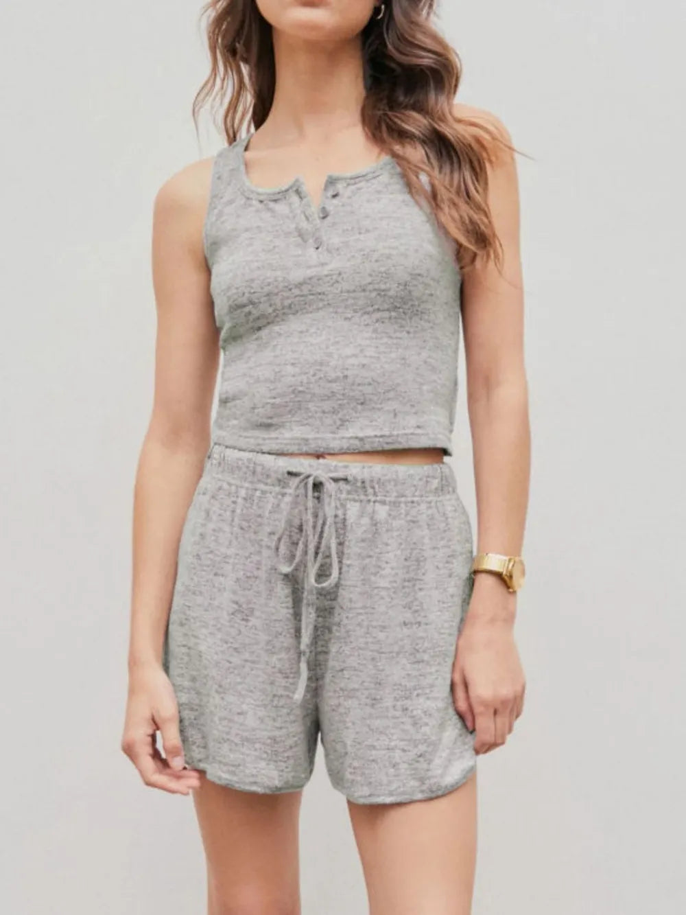 Quarter Button Sleeveless Top and Drawstring Shorts Lounge Set - Ladyez